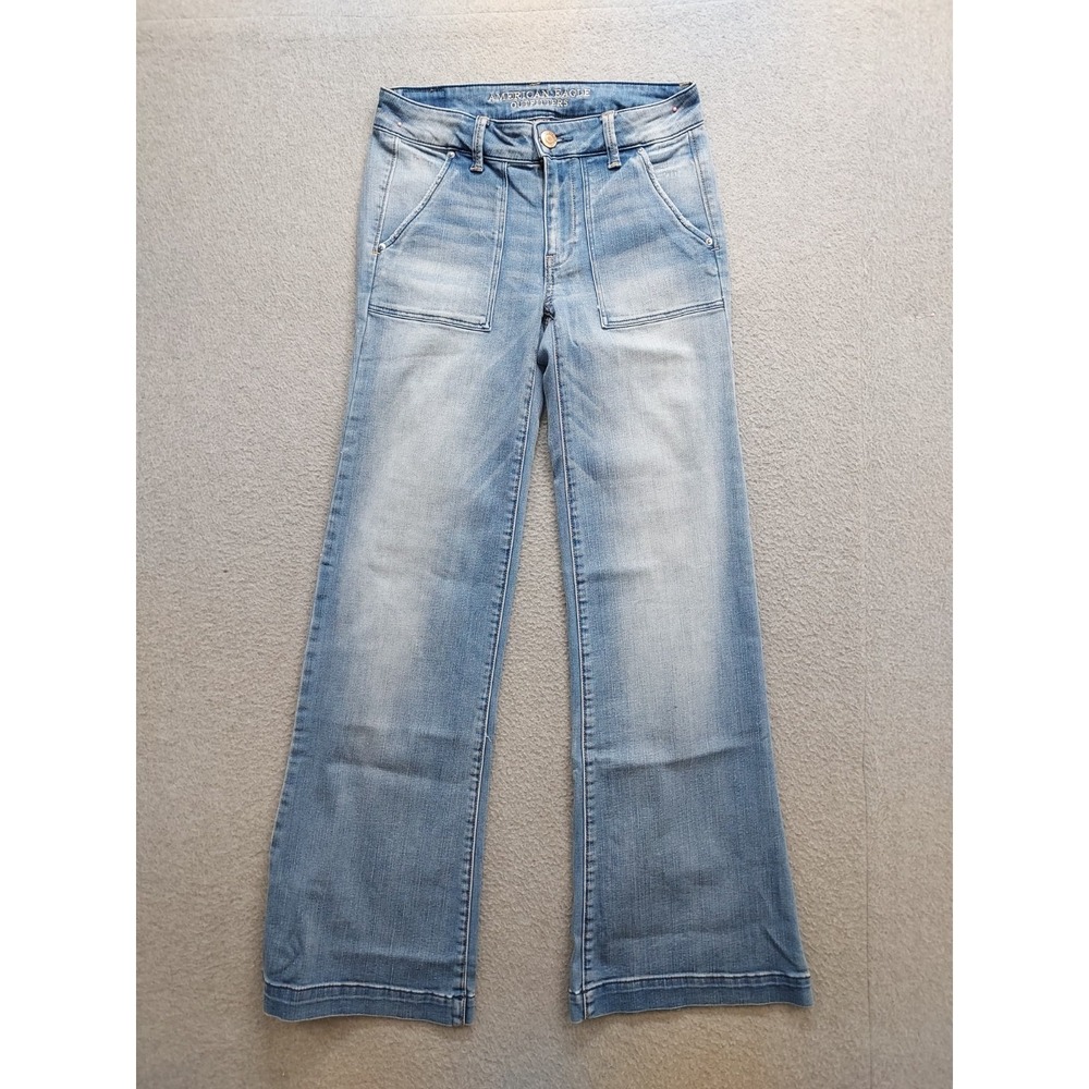 American Eagle Outfitters Women Jeans 4 Light Blue Zip Pockets Flare Logo Casual